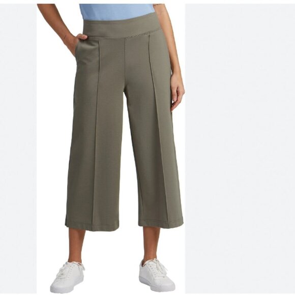 FIGS CLOTHING WOMEN'S KIV STRETCH WIDE CROPPED LEG PIN-TUCK PANTS IN MUTED GREEN - Picture 1 of 9